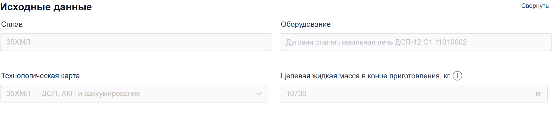 Исходные данные плавки: сплав, печь, технологическая карта и целевая жидкая масса